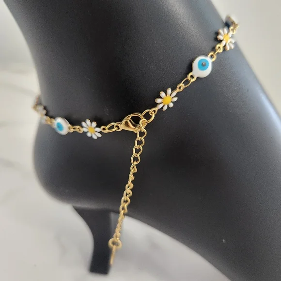Stainless Steel White Blossom Evil Eye Gold Plated Floral Charm Anklet Bracelet - Picture 10 of 15